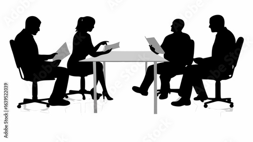 Silhouette of four people sitting around a table reading documents in a meeting or business discussion | editable eps vectors