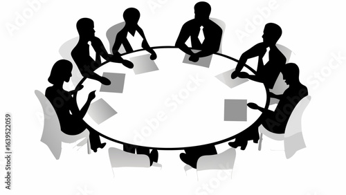 Silhouette depiction of people sitting around a round table in a meeting with papers and chairs shown | editable eps vectors