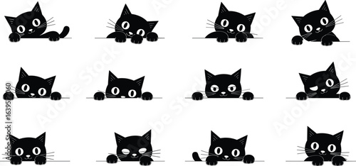 Cute black cat peeking set, expressive feline faces clipart, playful kitty illustrations, cartoon cat emotions, pet vector graphics