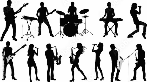Silhouette illustration of a musical band performing with various instruments and a singer on a white background | editable eps vectors