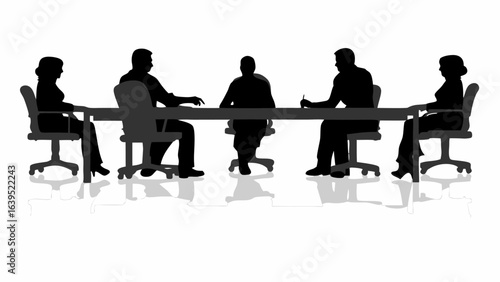 Silhouette of five people sitting around a long table in a meeting with chairs and white background scene | editable eps vectors