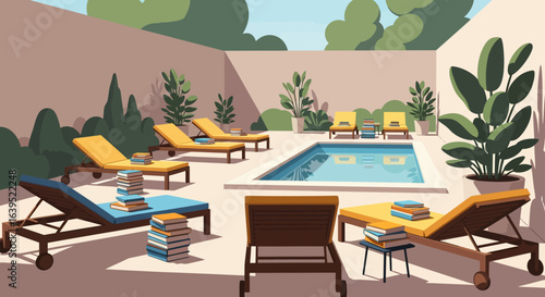 Relaxing Poolside Scene with Loungers, Books, and Lush Greenery in Sunlight