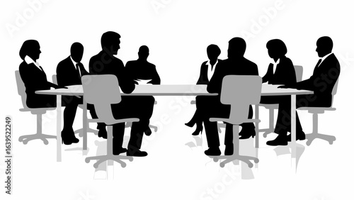 Silhouette of business people sitting around a conference table in a meeting discussion session room | editable eps vectors