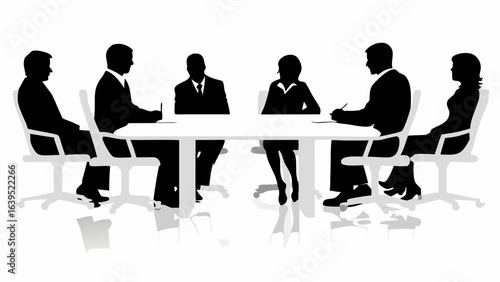 Silhouette illustration of six business people sitting around a conference table in a meeting room setting | editable eps vectors