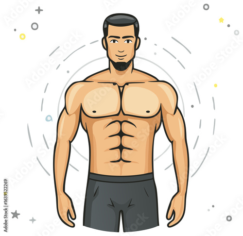 Muscular cartoon man standing shirtless with strong athletic build