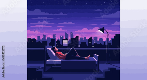 Serene Nighttime Cityscape Viewed from Rooftop Bed