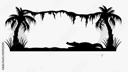 Silhouette of a swamp with palm trees hanging vines and an alligator in the water in black and white | editable eps vectors