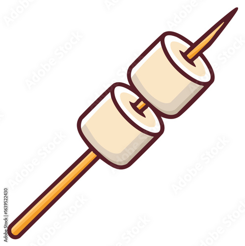 Two Marshmallows on Stick, Illustration of Campfire Treat, Cartoon Style