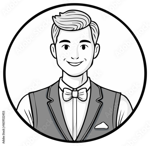 Cartoon Man Wearing Vest and Bowtie Smiling Inside Circle Frame