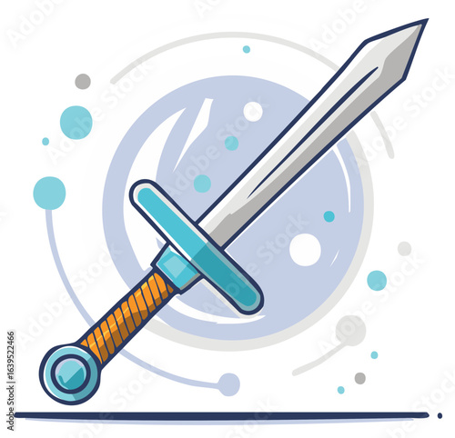 Illustration of a Sword with a Steel Blade, Turquoise Guard and Orange Grip, medieval armament