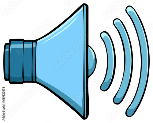 Cartoon blue speaker emitting sound waves graphic