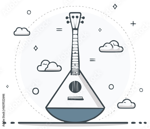 Minimalist Balalaika Folk Music Instrument in Clean Line Art with Creative Elements