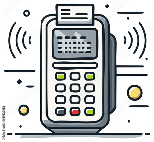 Stylized POS terminal, wireless payment acceptance, paying contactless, easy business transactions, doodle style, financial element