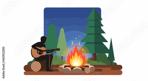 Silhouette of a Musician by a Campfire at Night