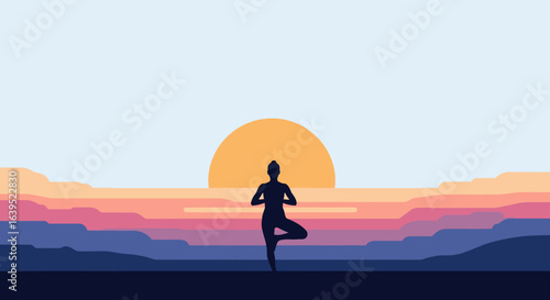 Silhouette of a Woman in Yoga Pose at Sunrise Over Layered Hills