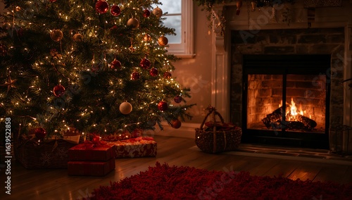 A christmas tree decorated with lights and ornaments near a fireplace in a cozy room setting indoors