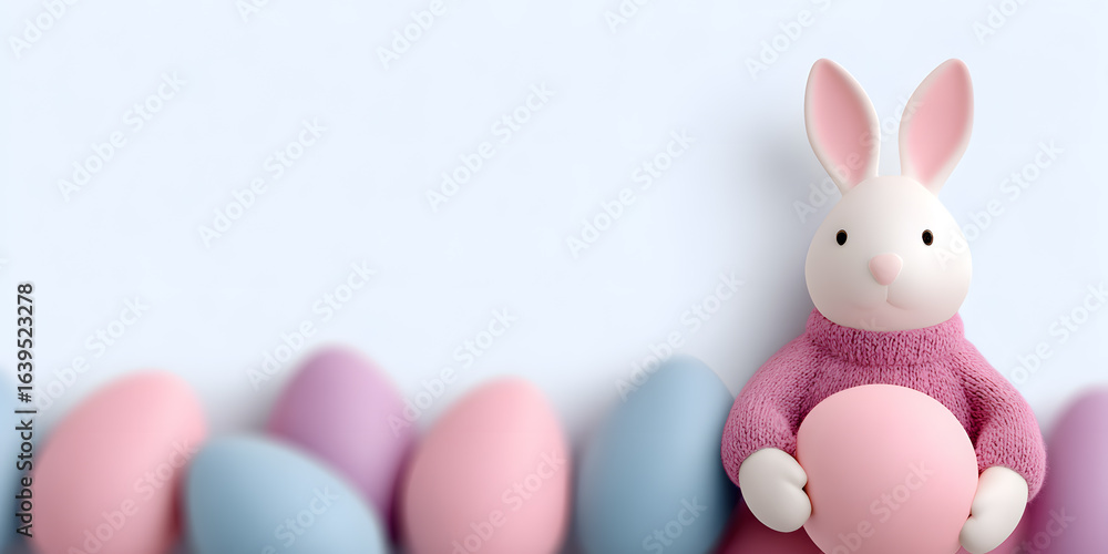 Obraz premium Cute pink Easter bunny figurine among pastel eggs, festive spring decoration concept.