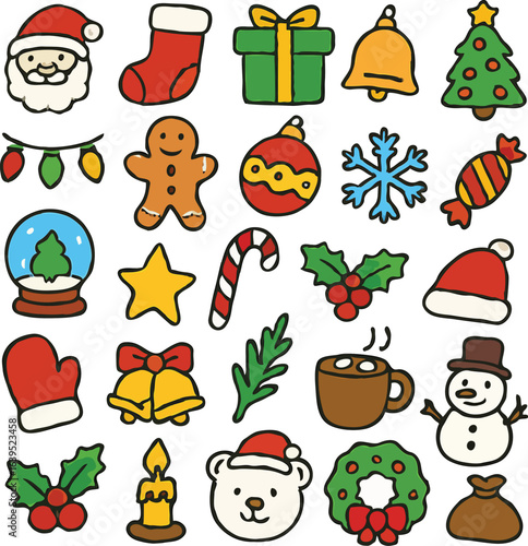 A colorful collection of hand-drawn Christmas doodle icons. Cute festive illustrations for winter holiday celebration and seasonal design.