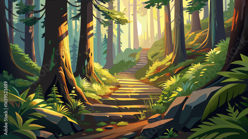 A picture of a Pacific Northwest forest trail, curving through towering evergreens, golden sunlight filtering between moss-draped branches, guiding steps past emerald ferns, delicate wildflowers, and 