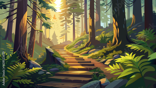 A picture of a Pacific Northwest forest trail, curving through towering evergreens, golden sunlight filtering between moss-draped branches, guiding steps past emerald ferns, delicate wildflowers, and 