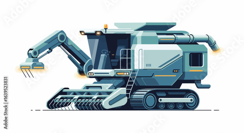 Stylized blue and white harvester with tracks and a robotic arm