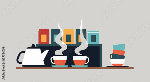 Stylized Tea Still Life with Steaming Cups, Kettle, and Colorful Canisters