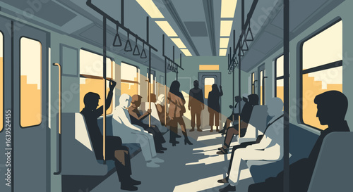 Sunlit Subway Car: Passengers in Silhouette, Morning Commute