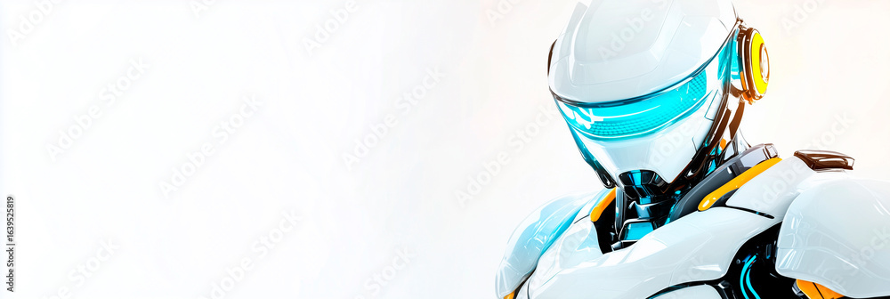 Obraz premium Futuristic robot with smooth shapes. White yellow blue neon colors. Modern sci-fi template. copy space. Concept. technology innovation, artificial intelligence. clean minimalist. Generative Ai content