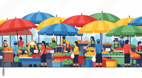 Vibrant Outdoor Market Scene with Colorful Stalls and Customers