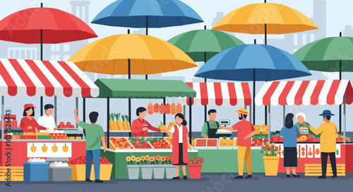 Vibrant outdoor market scene with colorful umbrellas and diverse vendors
