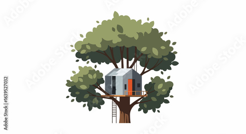 Whimsical treehouse with orange door nestled in lush green foliage