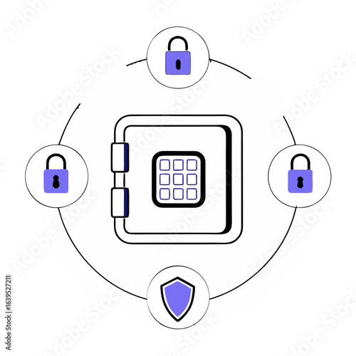 Security and protection concept with safe, lock, and shield icons in a circular arrangement isolated on white background