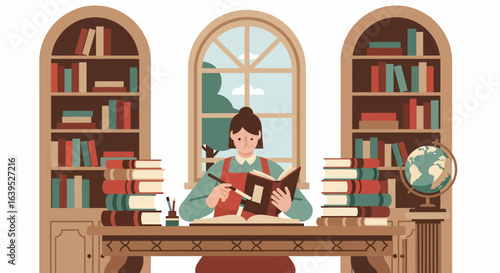 Woman studying with open book at wooden desk in front of bookshelves