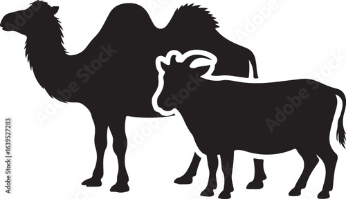 Camel And Cow Silhouettes On White Background animal farm