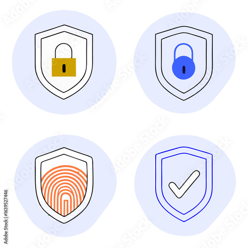 Shield icons representing security measures, including locks, fingerprints, and check marks isolated on white background