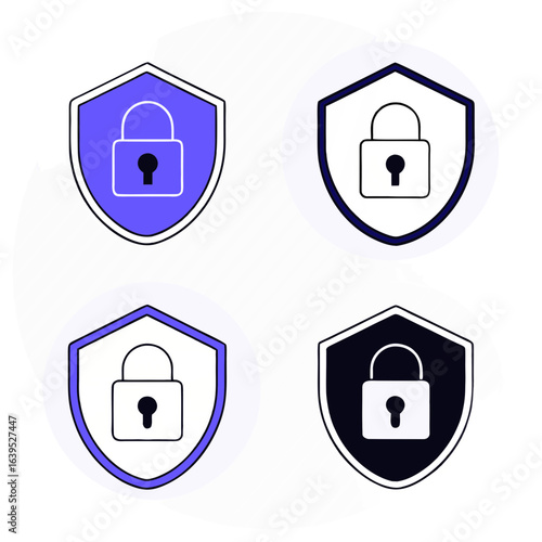 Shields with padlock icons representing security and protection isolated on white background