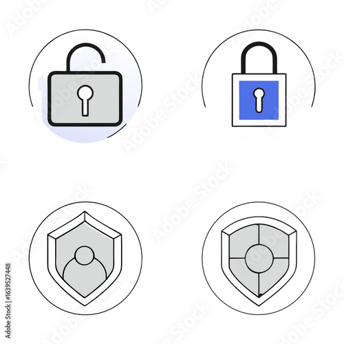 Shields with lock and user icons representing security and protection isolated on white background