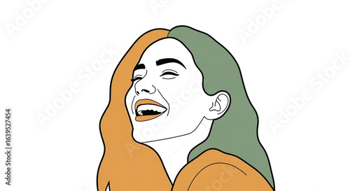 Illustration of a woman with two tone hair laughing against a black background art concept 100
