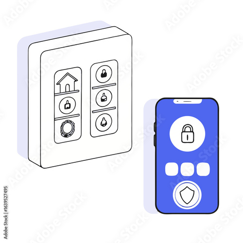 Smart home security system with control panel and mobile app isolated on white background