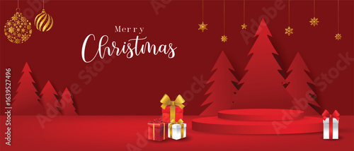 Elegant Red Christmas Background with Podium and Gifts