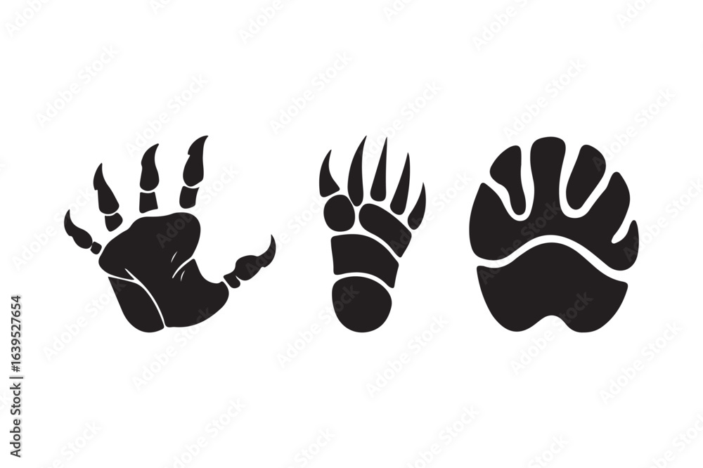 Fototapeta premium Three black animal paw prints and hand prints on white background