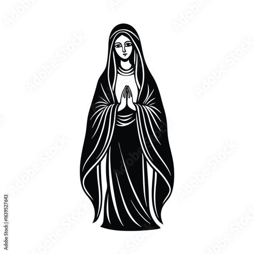 Virgen María en túnica azul y blanca tradicional