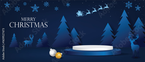 Merry Christmas Winter Night with Podium and Reindeer