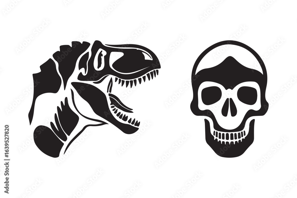 Fototapeta premium Dinosaur skull and human skull silhouette tattoo design