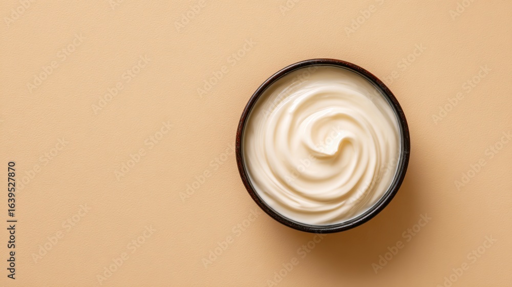 A 4K photo of flat Lay of a Bowl of Plain Yogurt on a Deep Cream Background with Warm Light and Ample Copy Space. A 4K photo of flat Lay of a Bowl of Plain Yogurt on a Deep Cream Background with Warm Light and Ample Copy Space.