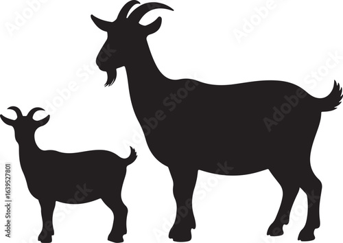 Silhouette of a mother goat and a young goat standing side by side animal