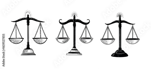 Scales of justice black on white, hand drawn illustrations 