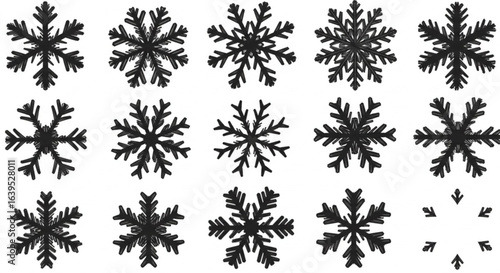 Vector art of collection of fifteen black snowflake icons isolated on white background