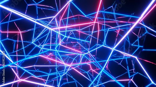 Dynamic Flight Through a Glowing Plexus of Blue and Pink Neon Lines in a Digital Network