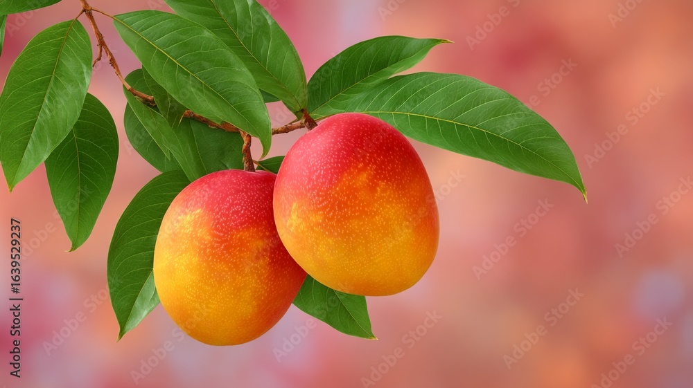 Two ripe mangoes hang from a leafy branch against a soft blurred background Two ripe mangoes hang from a leafy branch against a soft blurred background